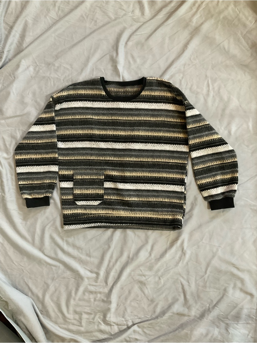 LCALE Men’s Striped Crewneck Sweater in Black, Gray & Cream Sz M